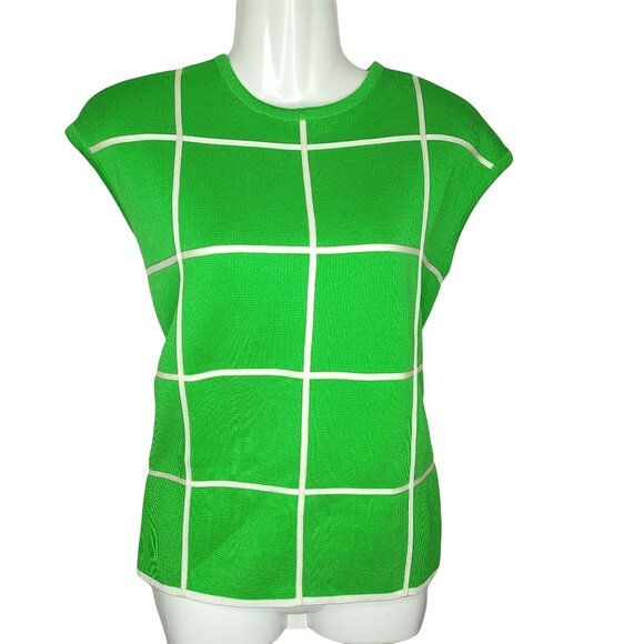 Vintage Top Sportissimo Knit Union Label Geometric Green White Grid M L 38 Bust - Picture 1 of 6